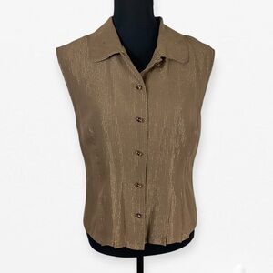 Kate Hill Silk brown gold Tinsel Button Down Sleeveless fitted Blouse Top 8 M